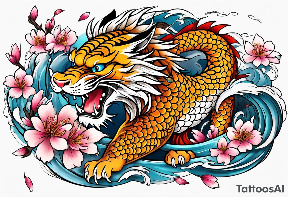 koi tiger dragon chinese cheery blossom tattoo idea