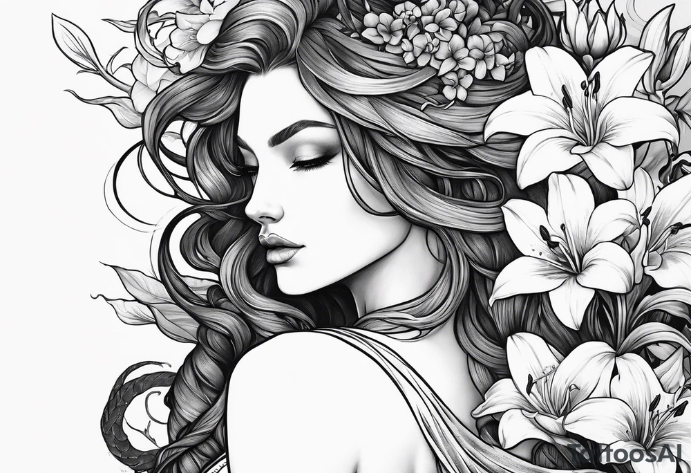 a side view of the goddess lilith holding a serpent and surrounded by lilies tattoo idea