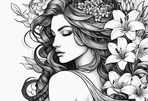 a side view of the goddess lilith holding a serpent and surrounded by lilies tattoo idea