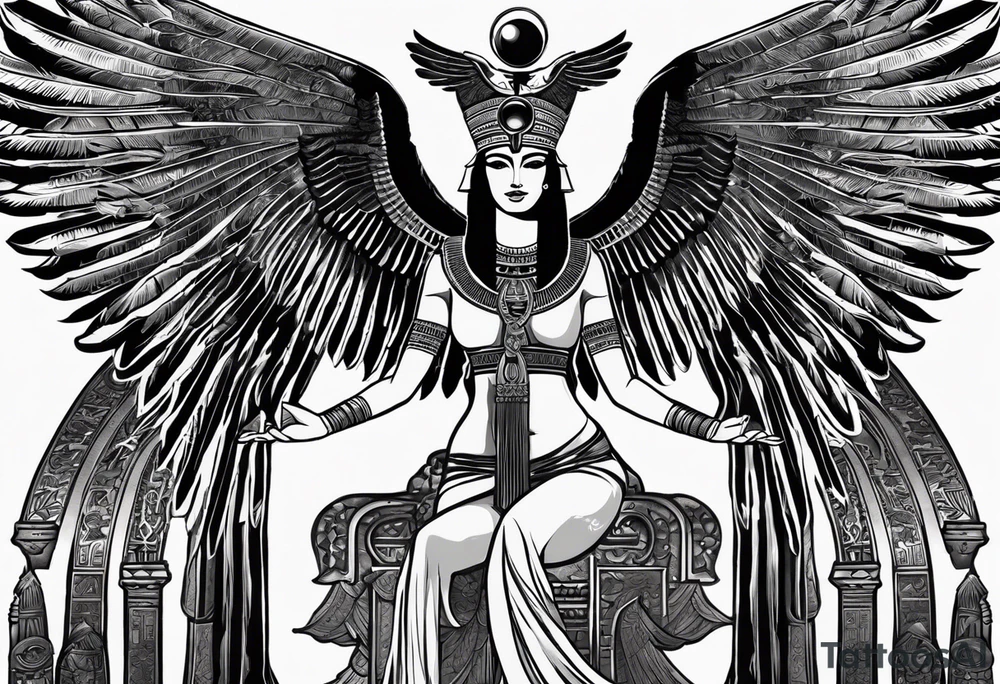 black and white Egyptian goddess Isis, who is often depicted as a woman with outstretched wings, holding an ankh (a symbol of life) in one hand and a lotus flower in the other. Her headdress often includes a throne or a solar disk. The tattoo design can vary in style and size, but it typically aims to capture the essence of this revered Egyptian deity, emphasizing her beauty, power, and maternal qualities. The choice of colors and additional elements can also be customized to create a unique and visually striking representation of the goddess Isis tattoo idea