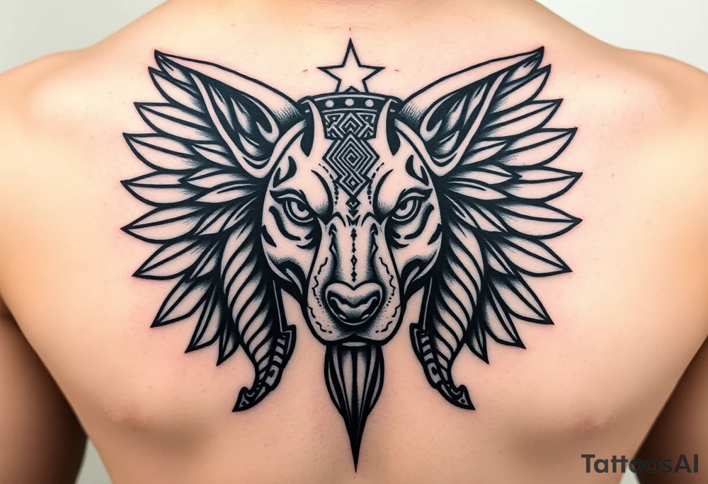 Egyptian Anubis god face muscle in Egypt style dog face surrounded Egyptian symbols tattoo idea