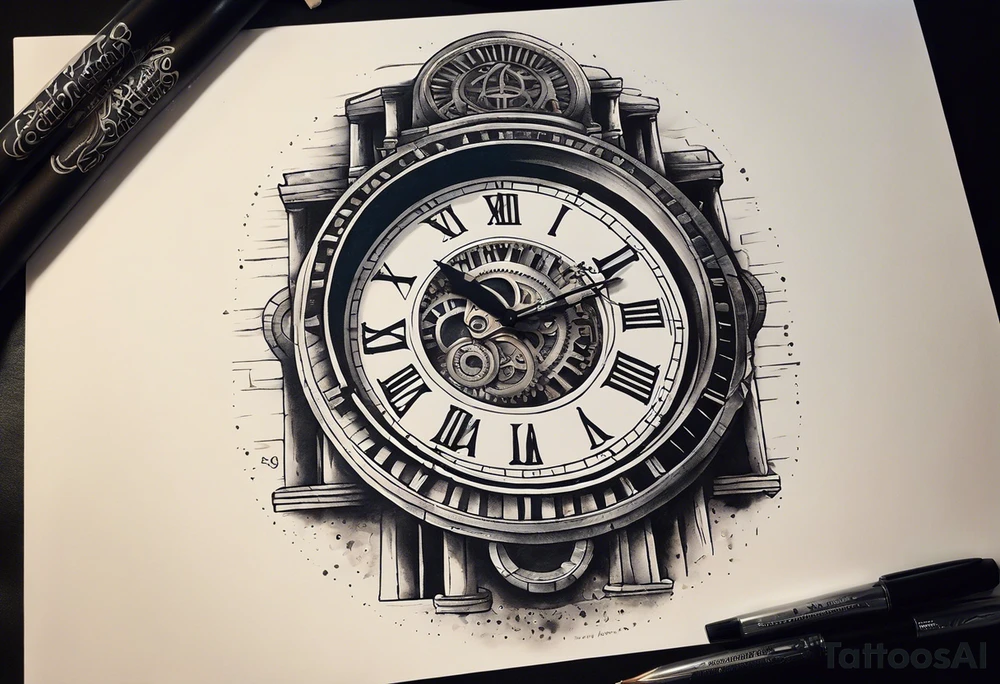 A mechanical clock with internal gears transitions into a weathered Roman colosseum in the background. A script quote, “it’s not the critic that counts it’s the man in the arena@ embedded tattoo idea