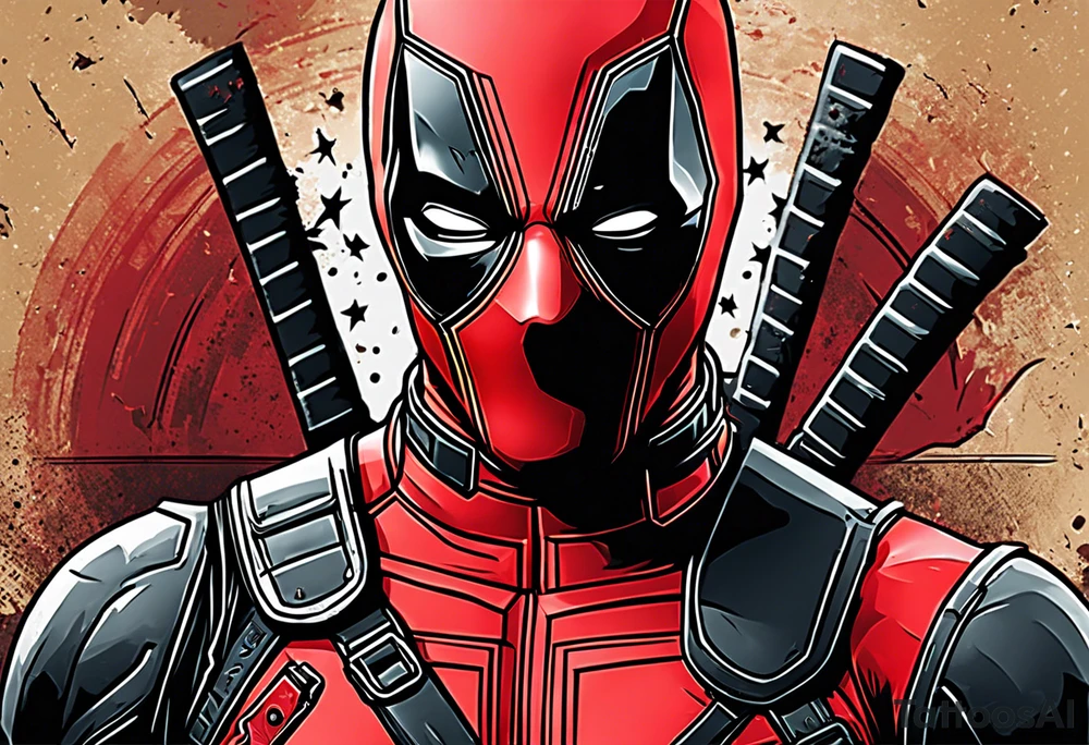 Banner with Text: A worn, dark banner wraps around Deadpool with the phrase "NEVER DEAD" in bold, cracked letters that give a strong and aggressive impression. The banner has small torn details, as if it’s been through rough conditions, with shading that adds depths. tattoo idea