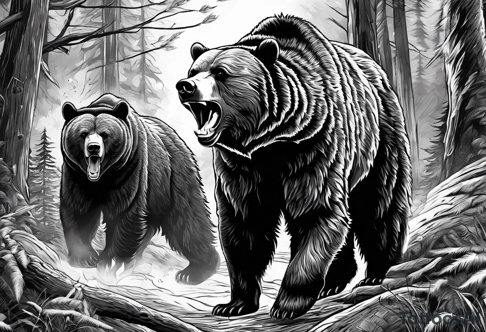 Bear growling. They are in a cloudy forest. With fierce warriors in the background. Make the picture very detailed and smoke in the back creating a trail effect tattoo idea