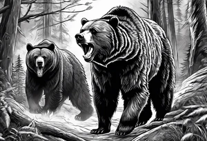 Bear growling. They are in a cloudy forest. With fierce warriors in the background. Make the picture very detailed and smoke in the back creating a trail effect tattoo idea