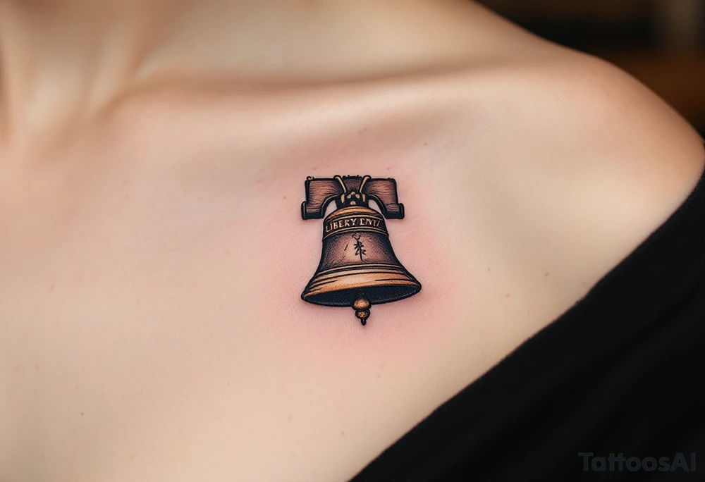 A miniature Liberty Bell shaded in black and brown, a nod to American freedom and resistance. tattoo idea