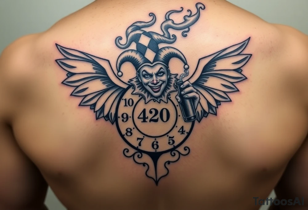 a jester clown floating in smoke with a  clock, the time says 420,  with two open wings besides the clock, smoke as the spring rising from the clock, a jester clown coming out the smoke, smoking in one hand with a liquor bottle on the other hand tattoo idea