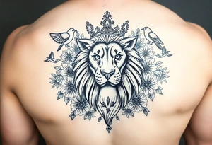 powerful majestic lion with a crown, surrounded by floral ornaments and birds tattoo idea