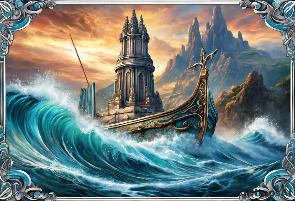 Poseidon’s Trident with Atlantis backdrop tattoo idea