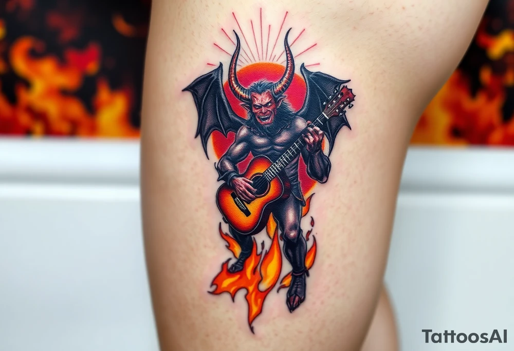 A demonic figure emerging from flames, holding a shattered guitar, set against a fiery backdrop with dark reds, oranges, and yellows tattoo idea