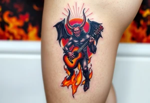 A demonic figure emerging from flames, holding a shattered guitar, set against a fiery backdrop with dark reds, oranges, and yellows tattoo idea