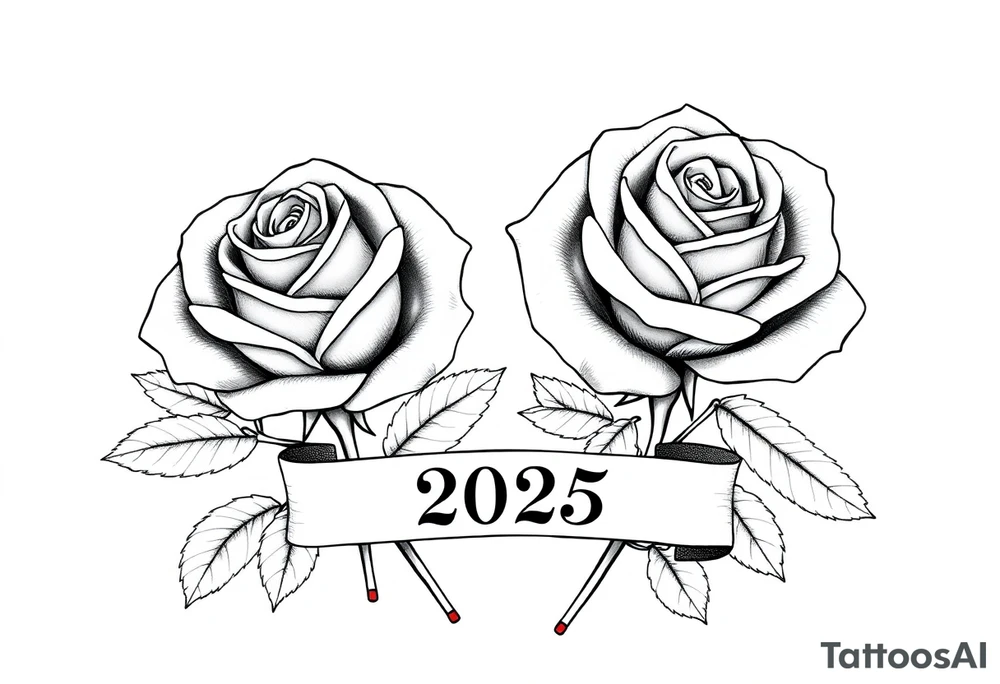 two beautiful large rose buds, one larger than the other, with lots and lots of leaves next to the rose buds, with one sitting slightly higher than the other, side-by-side.  Include a banner connecting the two roses with the year 2025 on it.   Use dark outlines with little shading. Remove all stems from the roses. tattoo idea