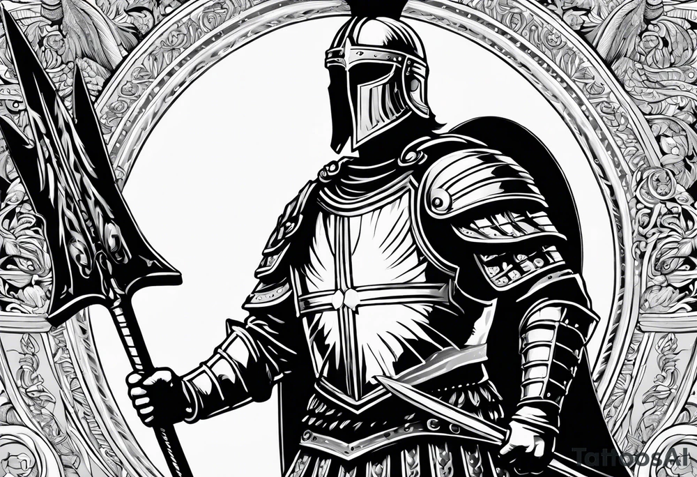 high quality black and white illustration, full body image, a strong tall roman centurion, wearing armour, wearing a belt, wearing a metal breastplate, holding a large shield, wearing a helmet, holding a sword. Flaming arrows are being fired at the centurion, he is blocking the arrows with his shield tattoo idea