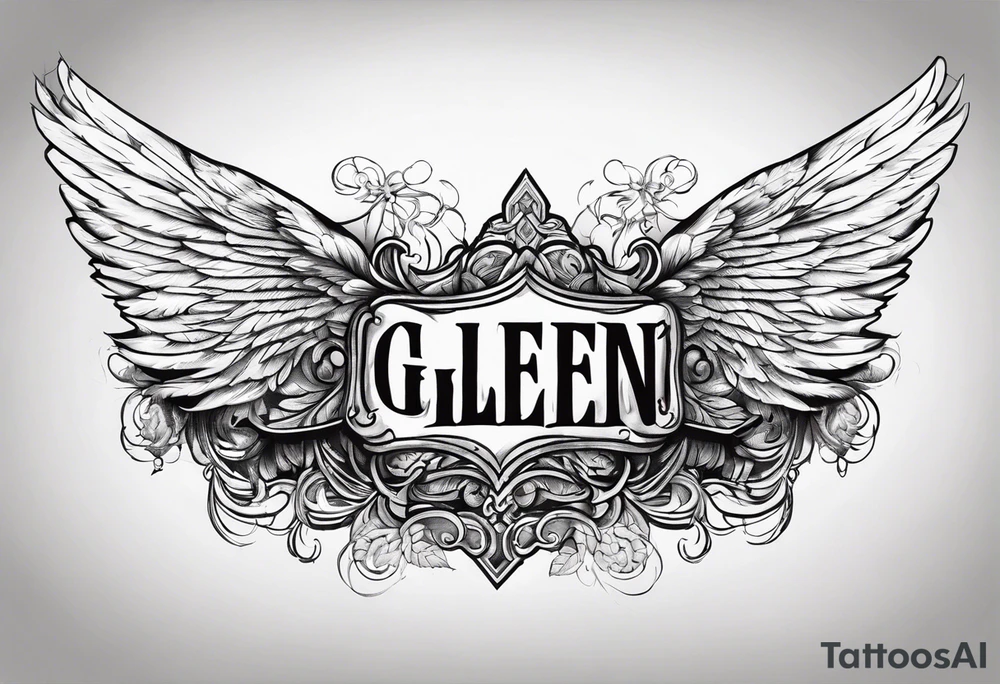 The word Glenn on a banner with angel Wings tattoo idea