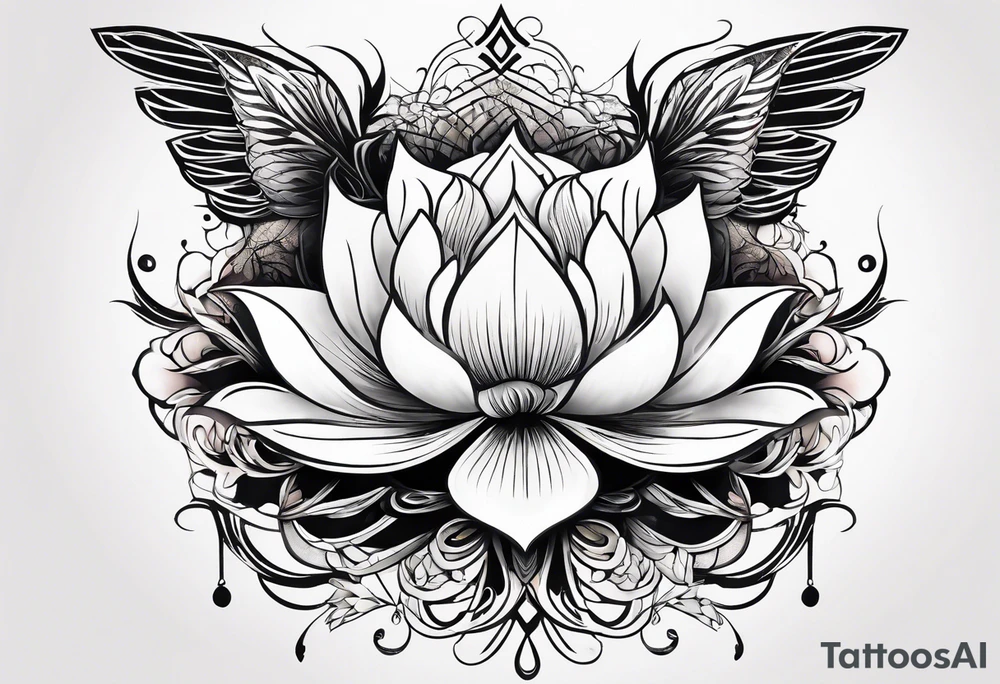 one vertical tattoo that combines lotus flower, phoenix and helix, strength and resilience symbols tattoo idea