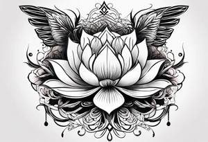 one vertical tattoo that combines lotus flower, phoenix and helix, strength and resilience symbols tattoo idea