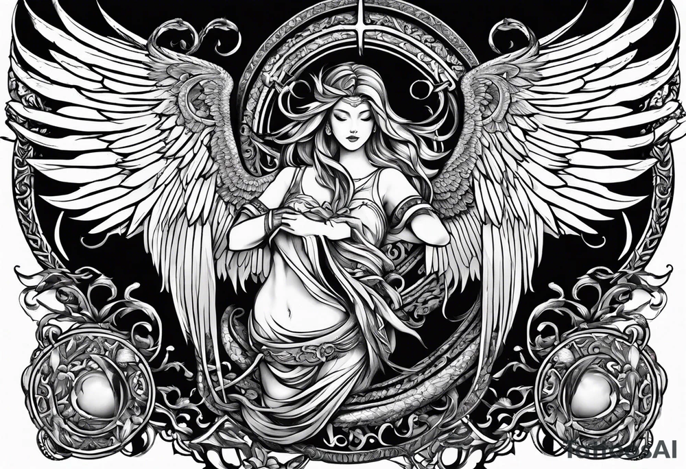 the number 13 with one angel wing and one demon wing, with the karma symbol tattoo idea