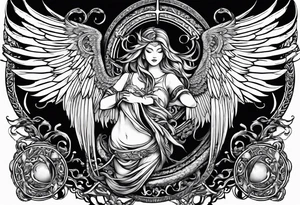 the number 13 with one angel wing and one demon wing, with the karma symbol tattoo idea