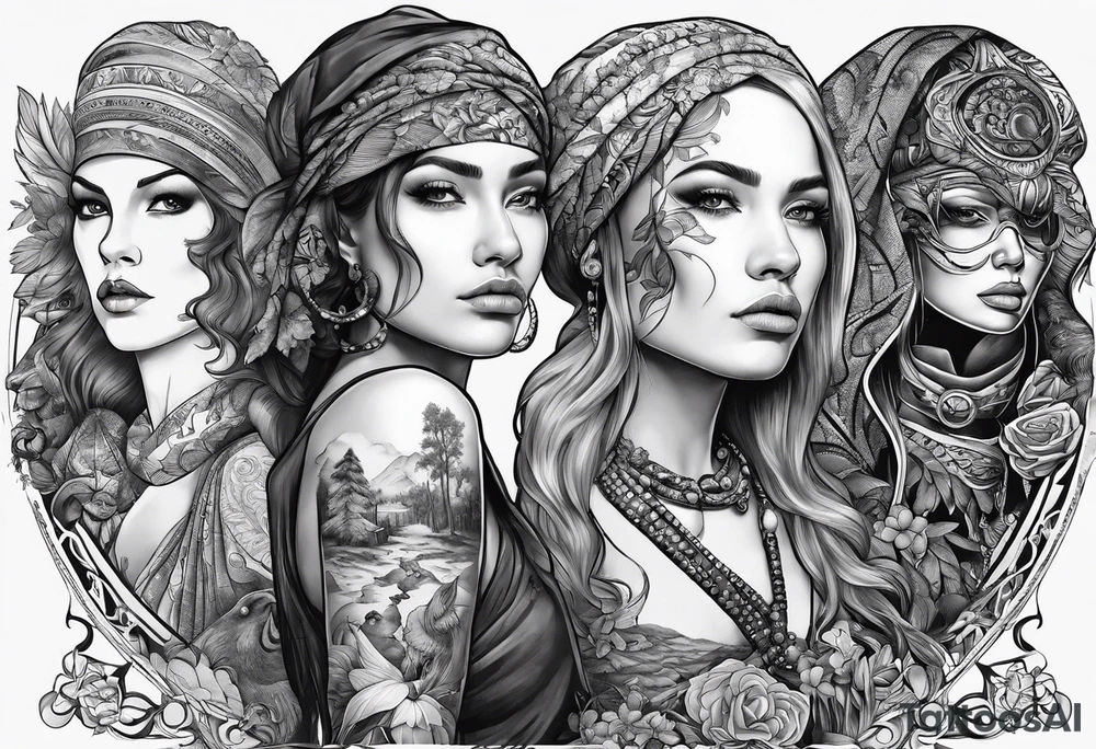 The stages of human evolution but with women from history in a line tattoo idea