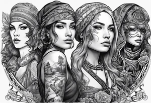 The stages of human evolution but with women from history in a line tattoo idea