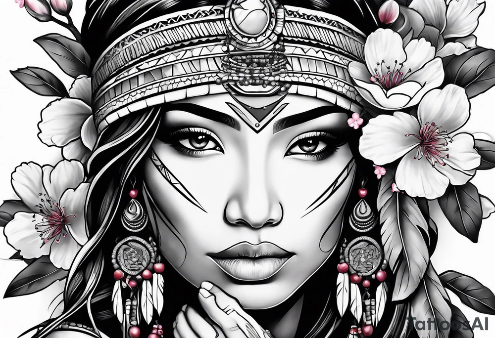 Native American woman wrapped by cherry blossom tree with praying hands tattoo idea