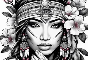 Native American woman wrapped by cherry blossom tree with praying hands tattoo idea