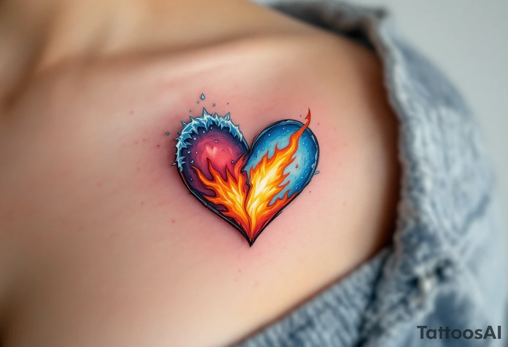 A half-frozen, half-burning heart, symbolizing the contrast between love’s warmth and heartbreak’s coldness. tattoo idea