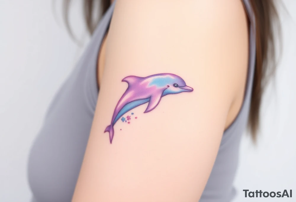 A soft watercolor dolphin in pastel shades of purple and sky-blue, evoking a dreamy, ethereal effect tattoo idea