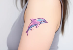 A soft watercolor dolphin in pastel shades of purple and sky-blue, evoking a dreamy, ethereal effect tattoo idea