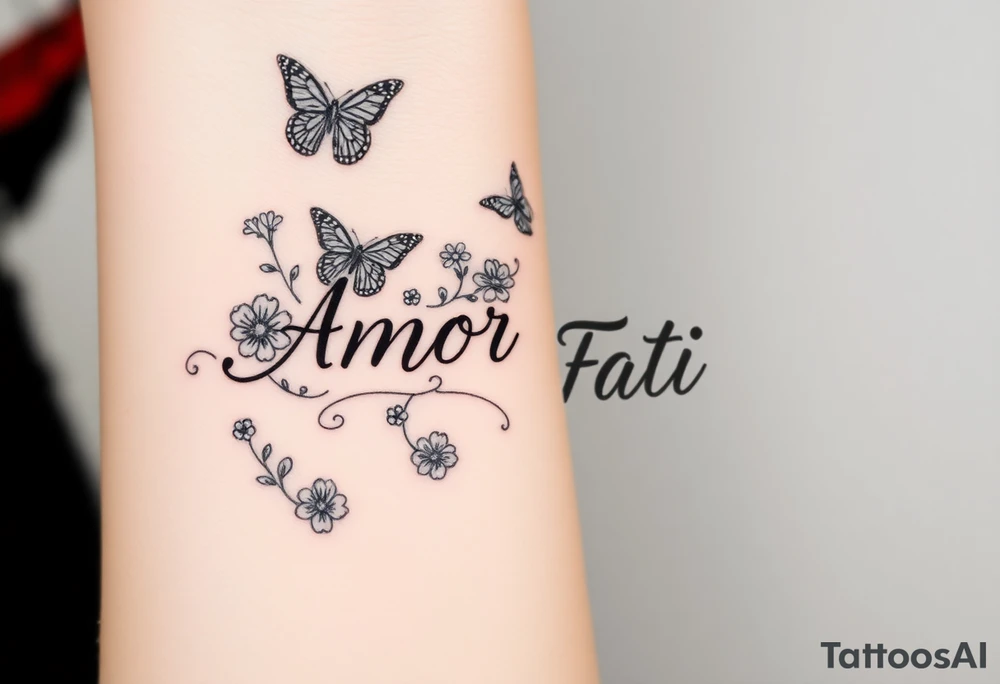 “Amor Fati” with small colorful flowers and birds and butterflies tattoo idea