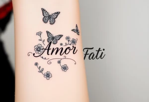 “Amor Fati” with small colorful flowers and birds and butterflies tattoo idea