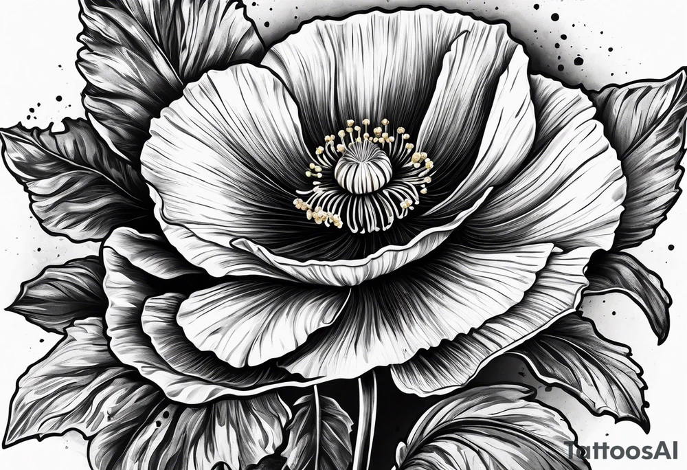 Poppy flower with the date 1/15/22 in Roman numerals tattoo idea