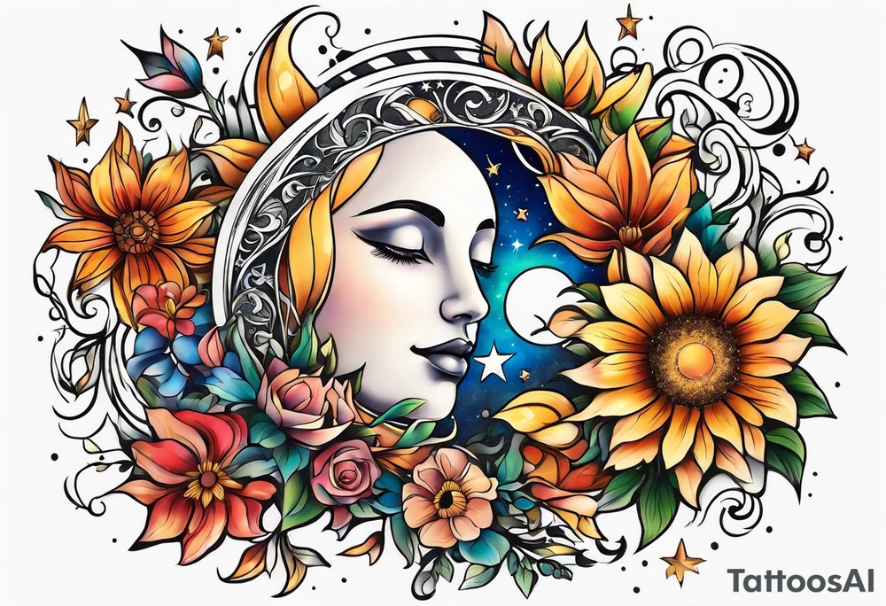 Floral sun, moon, and stars tattoo idea