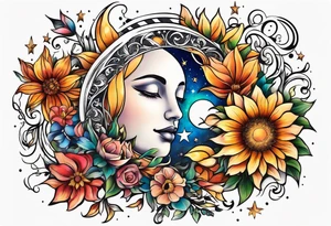 Floral sun, moon, and stars tattoo idea