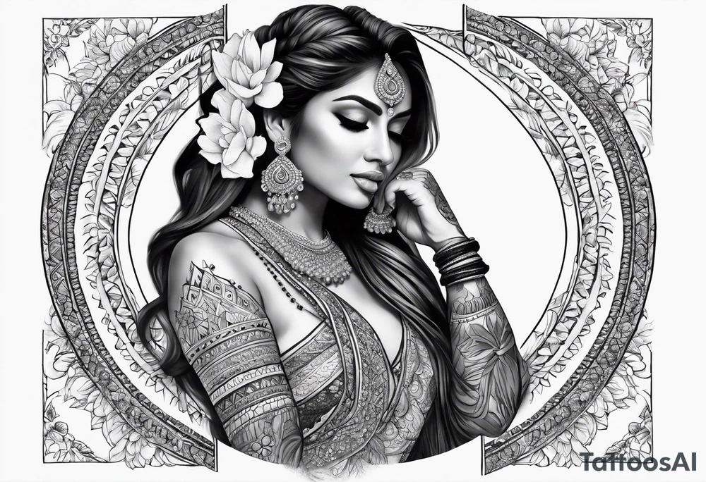 Please design a full sleeve tatto starting on my hand with a beautiful indian woman going up my arm will be her hair wrapping around my arm mixed with floral tattoo idea