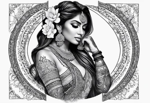Please design a full sleeve tatto starting on my hand with a beautiful indian woman going up my arm will be her hair wrapping around my arm mixed with floral tattoo idea