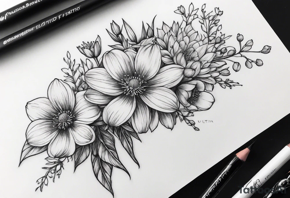 small long stem wildflower bouquet across fott tattoo idea