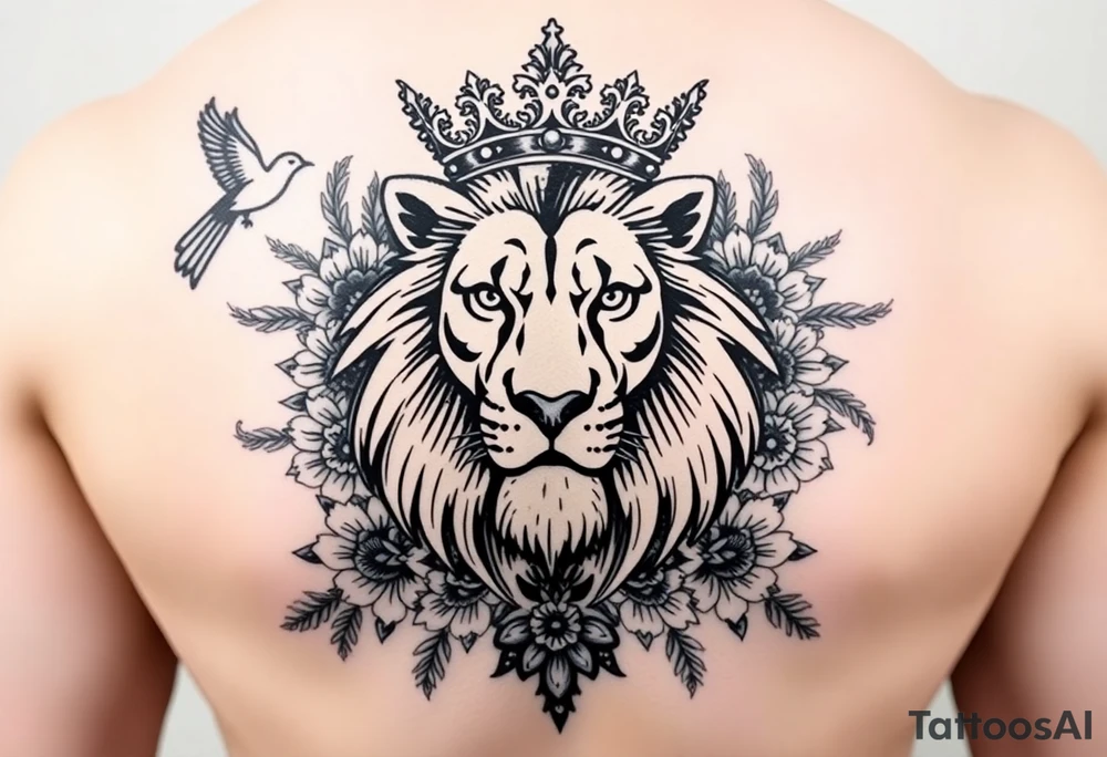 powerful majestic lion with a crown, surrounded by floral ornaments and birds tattoo idea