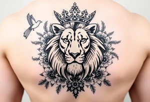powerful majestic lion with a crown, surrounded by floral ornaments and birds tattoo idea