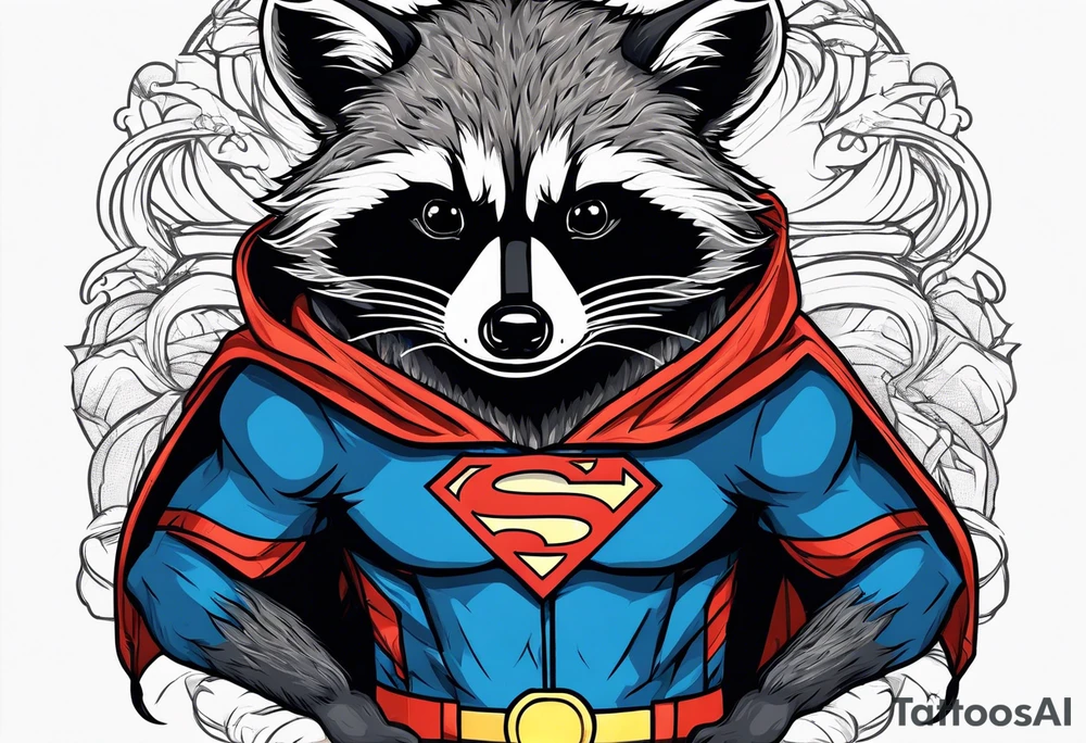 raccoon wearing a Superman hoodie tattoo idea
