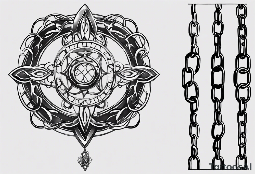 Create a tattoo design sketch in a realistic style, featuring a chain. The chain should have detailed links that are consistent in size, with a focus on the metallic texture, reflections, shadows, and signs of wear. The design should capture the three-dimensional aspect of the chain, making it appear as if it’s resting naturally on the skin. The overall look should emphasize realism and intricate detailing tattoo idea