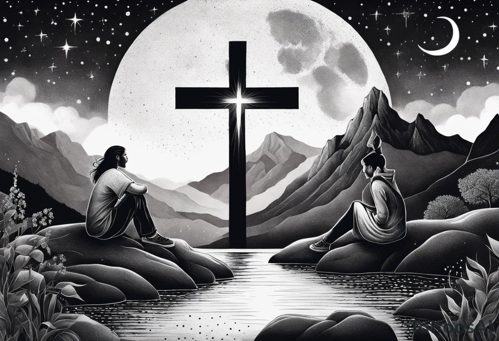a family of three sitting in a nature with mountains, waterfall, water, and a cross in the background and and moon in the sky with stars tattoo idea