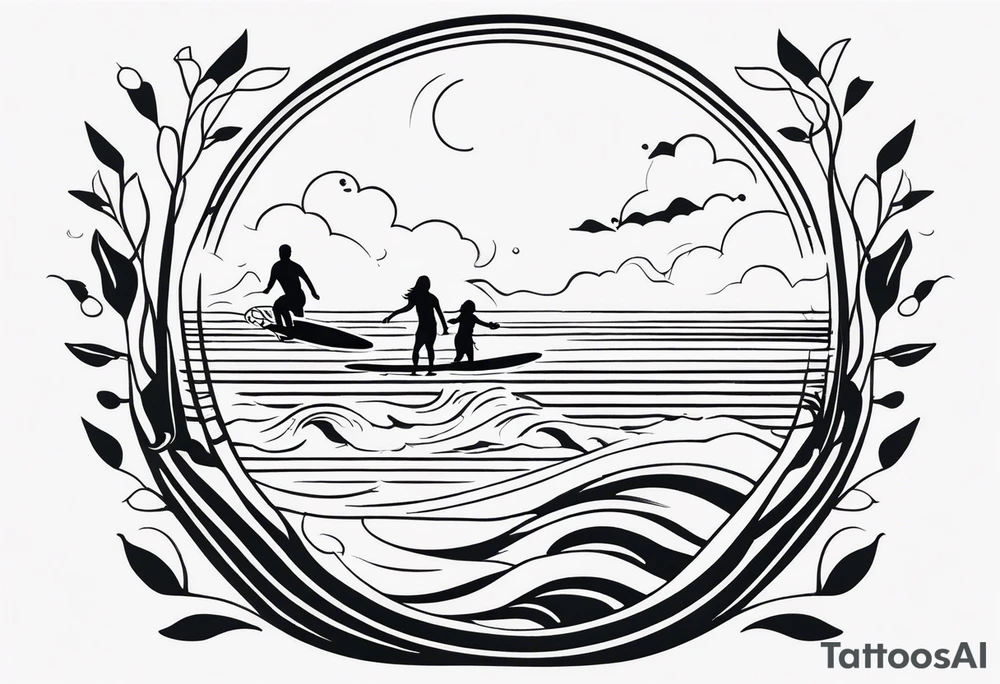 Black and white Line work tattoo depicting a father surfing with his daughters, incorporating musical notes. tattoo idea