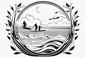 Black and white Line work tattoo depicting a father surfing with his daughters, incorporating musical notes. tattoo idea