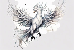 a white phoenix wearing a small crown, flying in the air tattoo idea