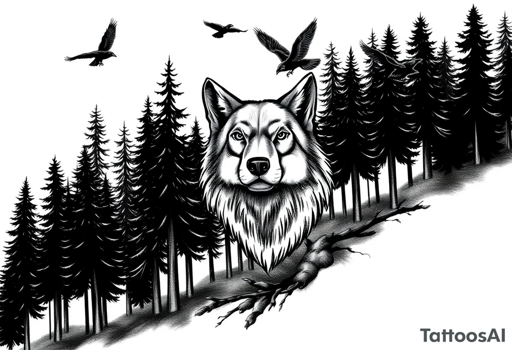 Densely wooded area with tall pine trees with a large wolf head hovering in the foreground looking straight forward, and four ravens flying overhead tattoo idea