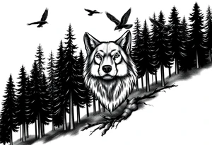 Densely wooded area with tall pine trees with a large wolf head hovering in the foreground looking straight forward, and four ravens flying overhead tattoo idea