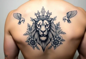 powerful majestic lion with a crown, surrounded by floral ornaments and birds tattoo idea