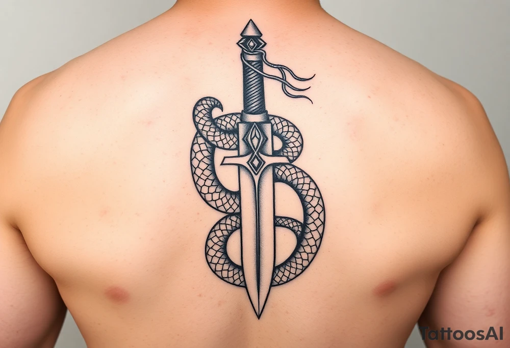 mystical snake coiled around an ancient dagger with jeweled hilt tattoo idea
