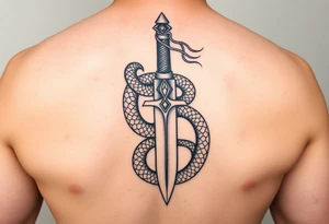 mystical snake coiled around an ancient dagger with jeweled hilt tattoo idea